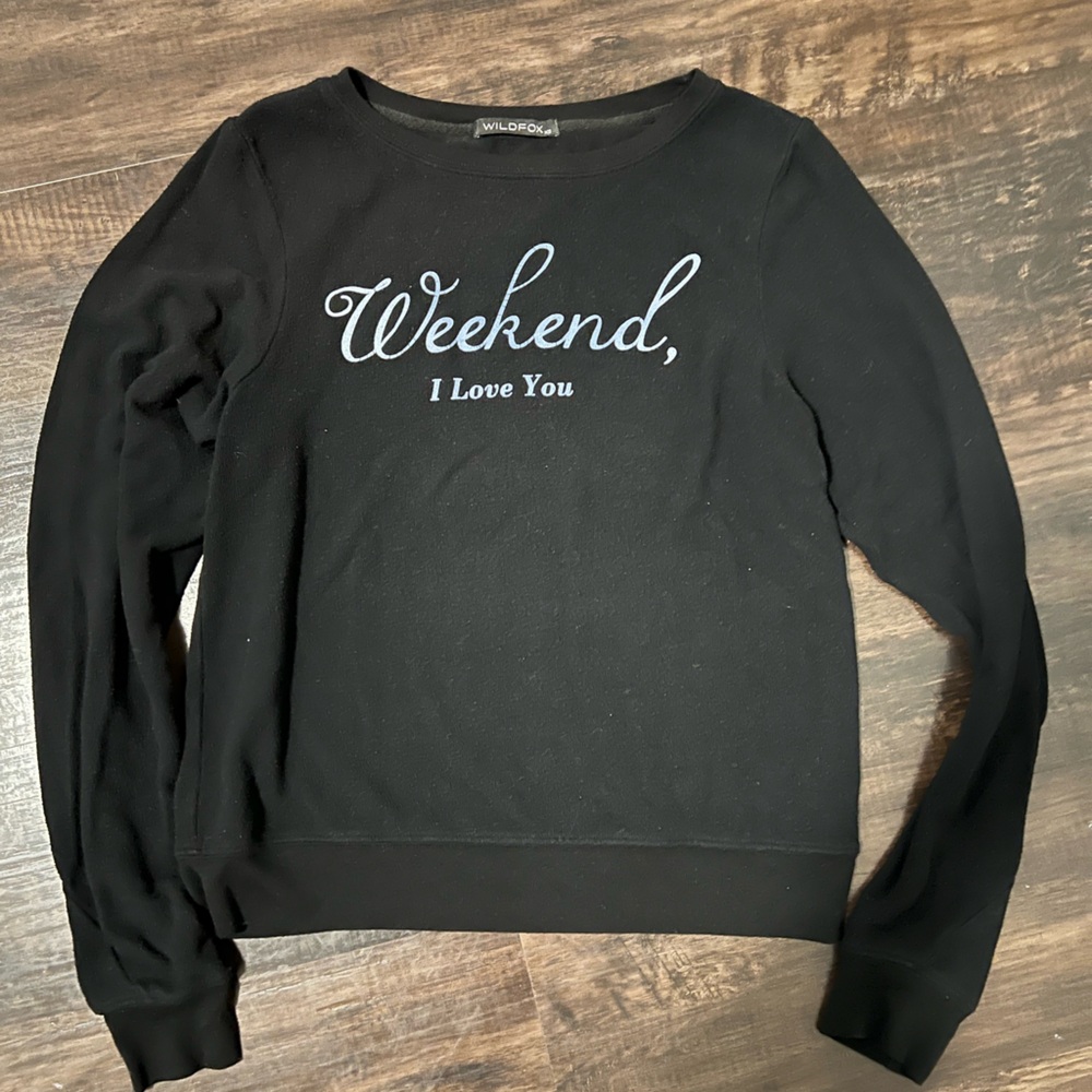 WILDFOX weekend I love you Black Long Sleeve Top with White Text
